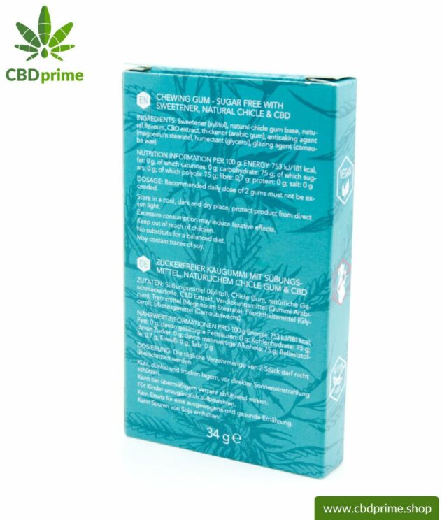 CBD chewing gum with 5 mg CBD per piece. Cannabidiol in a refreshing, tasty and sugar-free form with caries-inhibiting xylitol. Natural taste of mint and eucalyptus. Vegan. Feedimage.