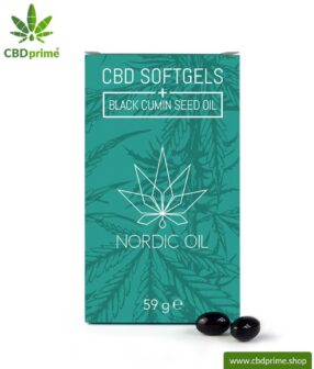 CBD Softgel capsules with black cumin seedoil. Contains 384 mg cannabidiol of the hemp plant (cannabis). 100 % organically produced. 60 capsules.