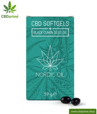 CBD Softgel capsules with black cumin seedoil. Contains 384 mg cannabidiol of the hemp plant (cannabis). 100 % organically produced. 60 capsules.